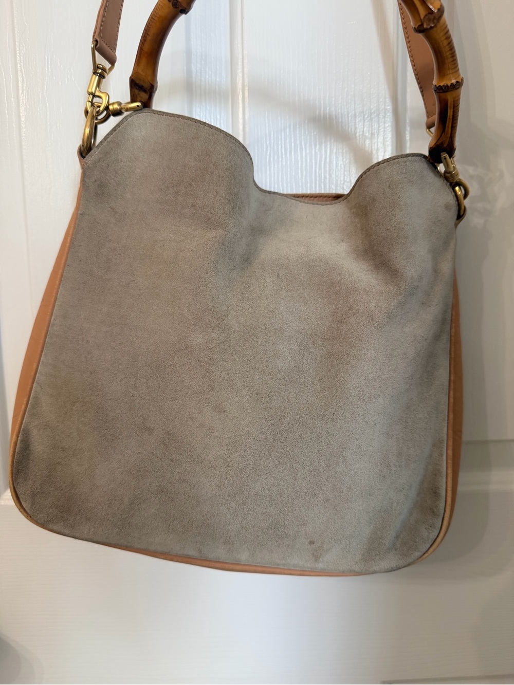 Gucci Suede and Tan Leather Shoulder Bag with Bamboo Handle - Picture 2 of 11